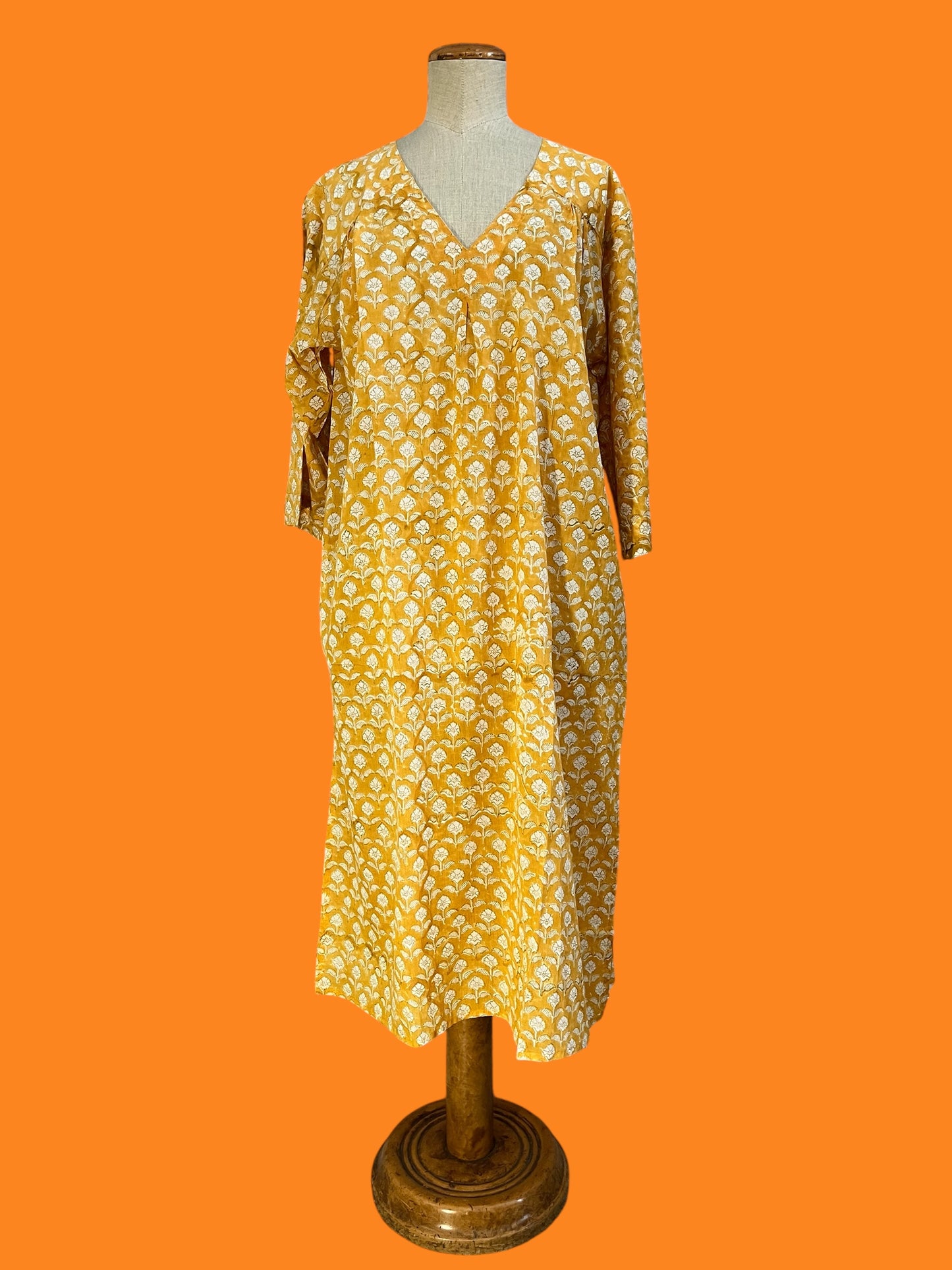 Yellow block print kurta, midi dress