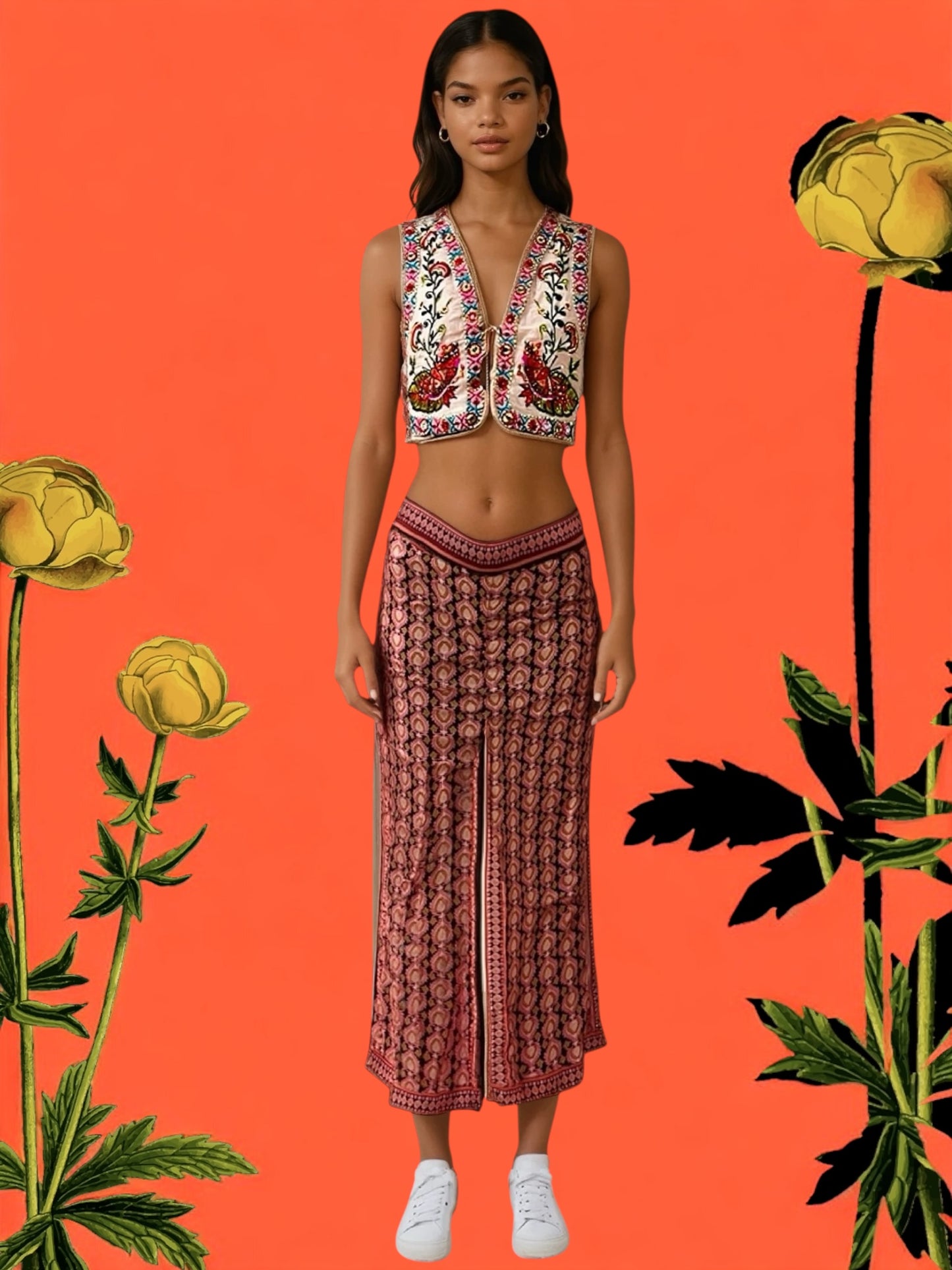 Embroidered cotton vest and viscose print pants with side bottom splits