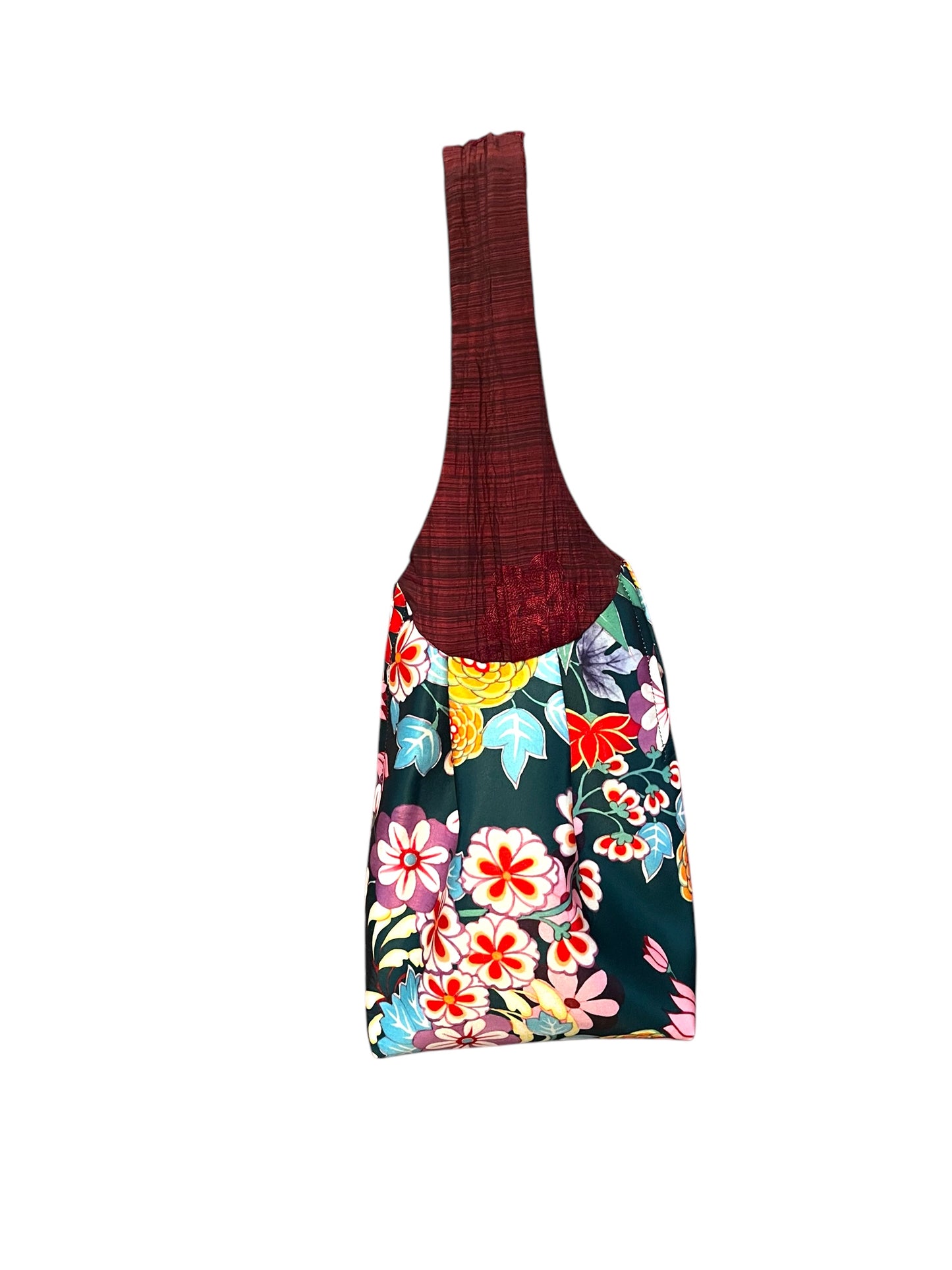 Furs slippers with striped socks, long bordeaux nylon dress and floral bag