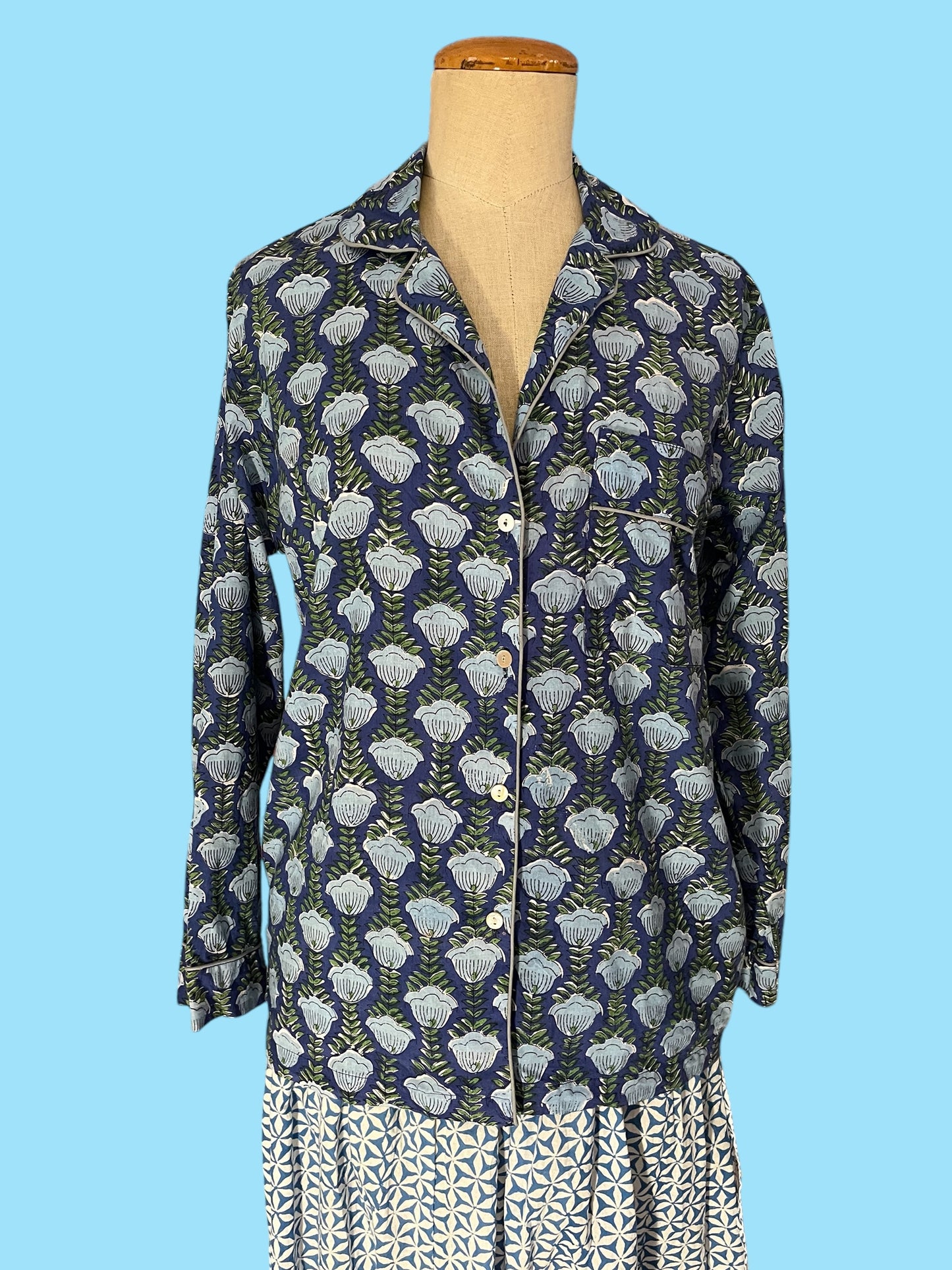 Blue block print cotton shirt