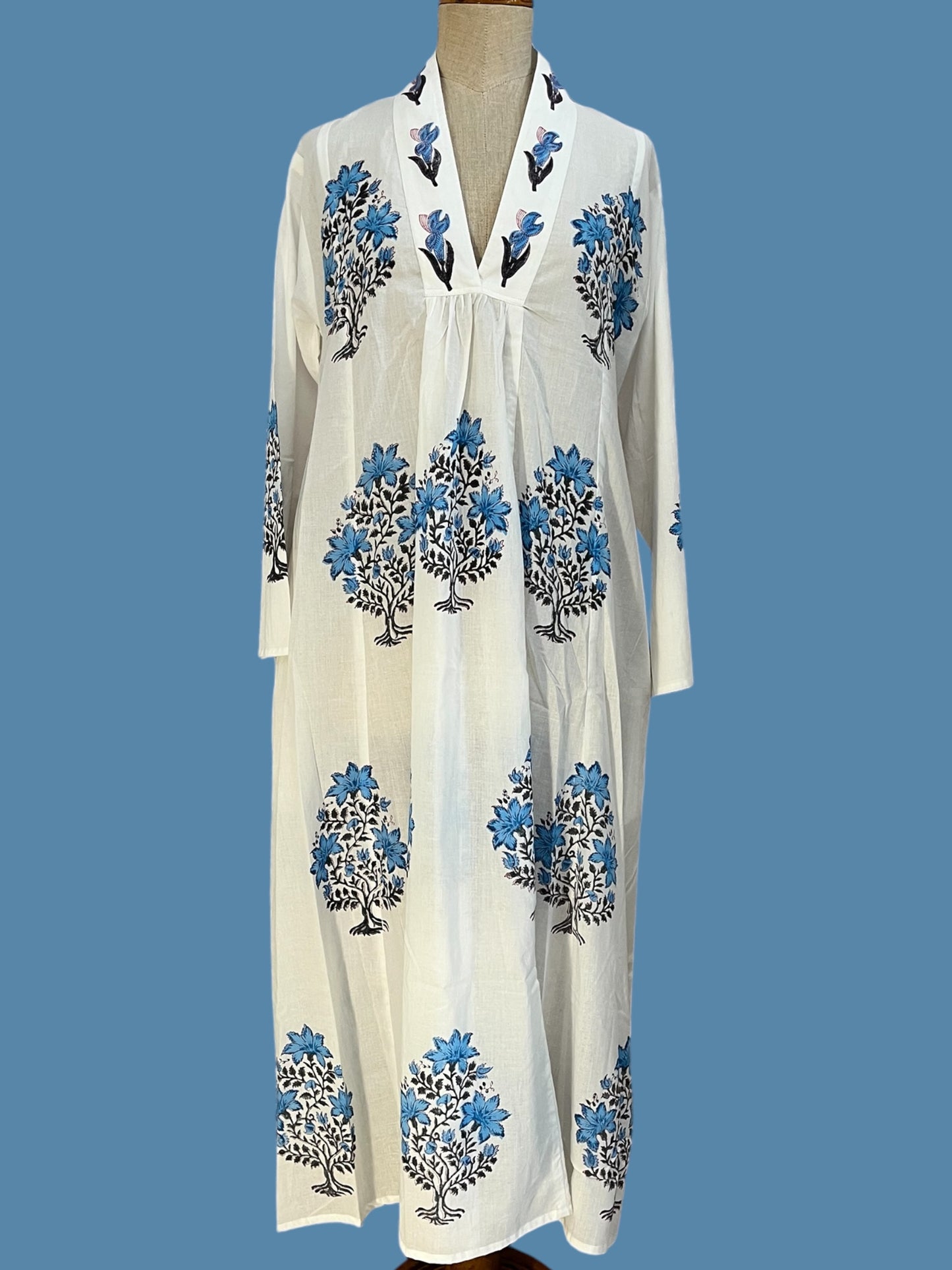 Long blue block print cotton dress