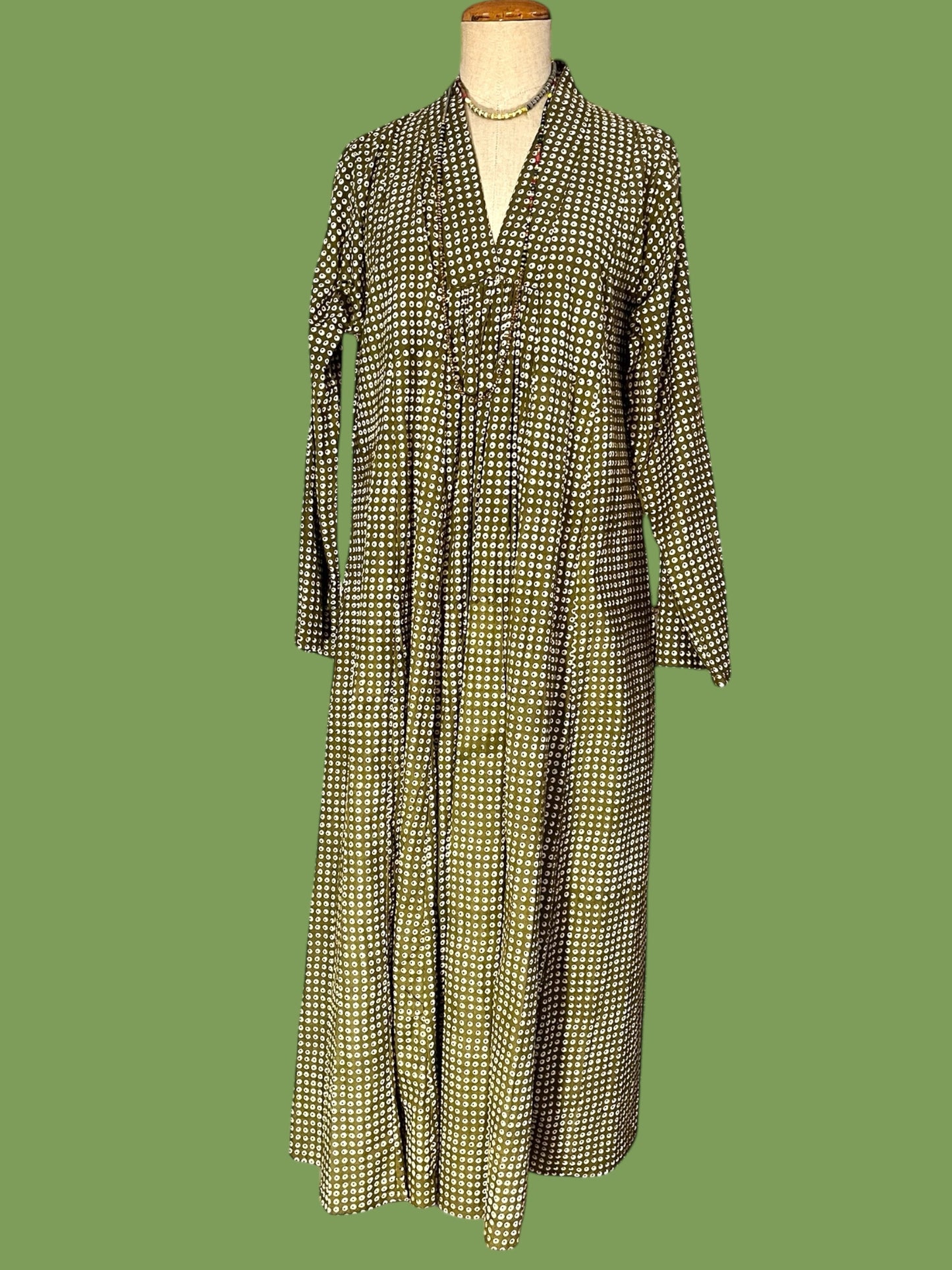 Block print long green dress, pois print