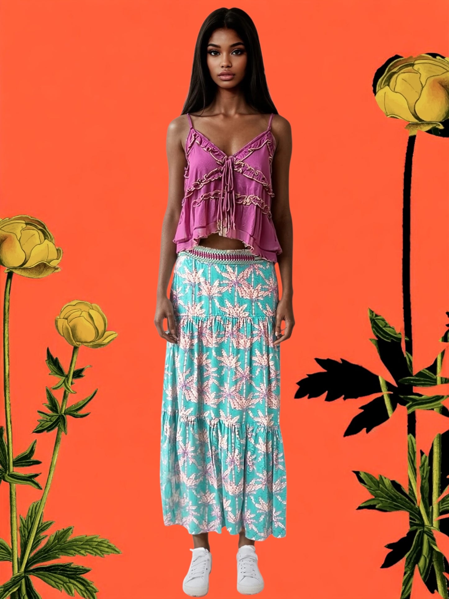 Viscose top and viscose long print skirt