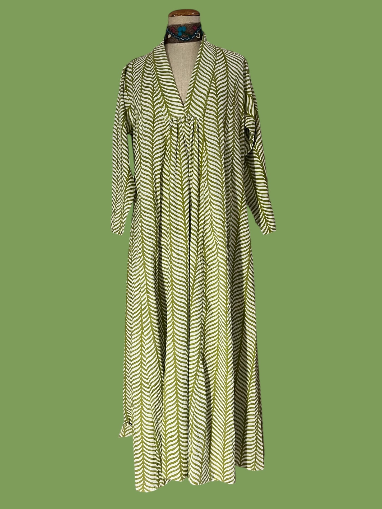 Block print long green dress, leaves print