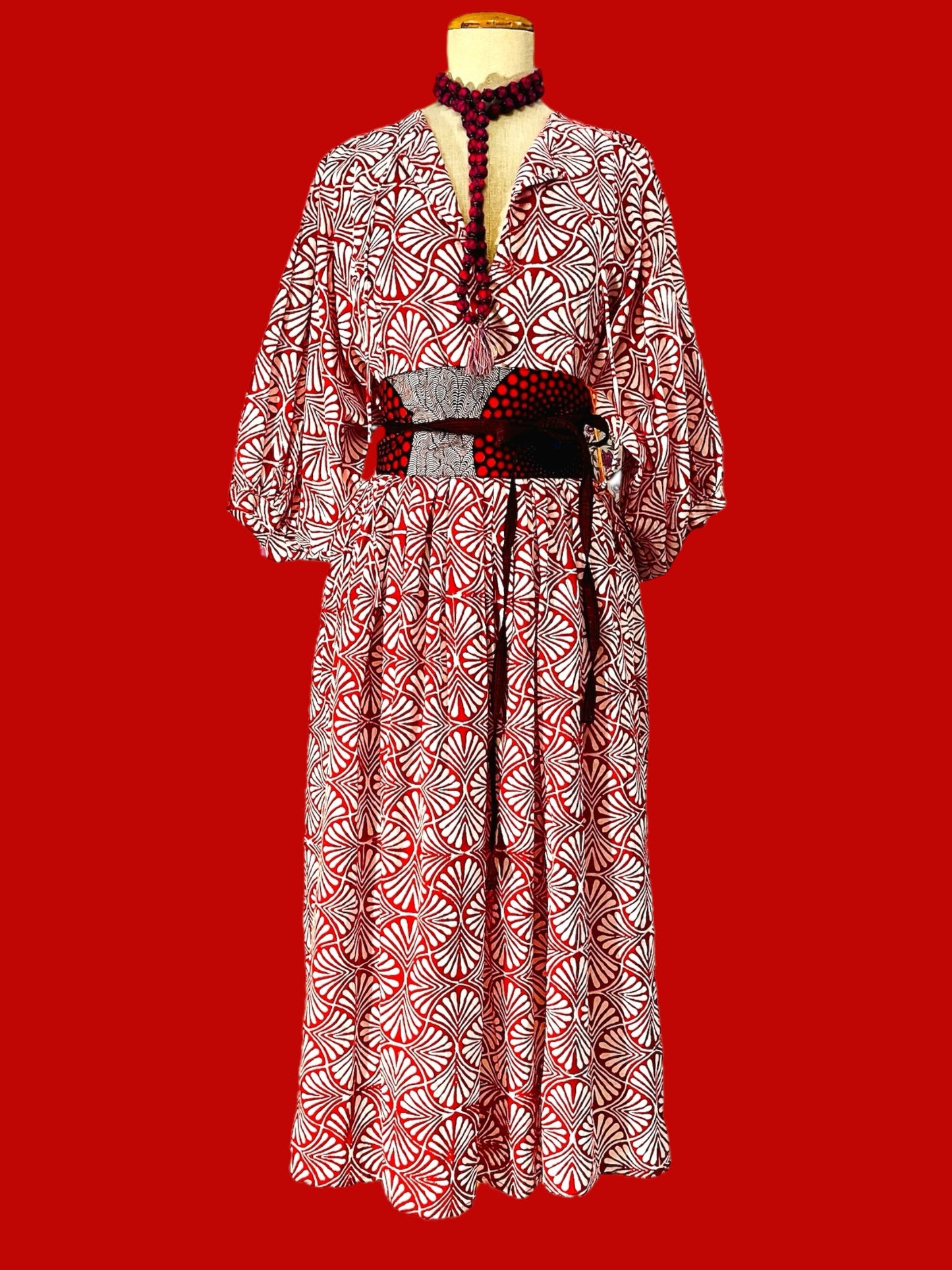 Red block print long dress