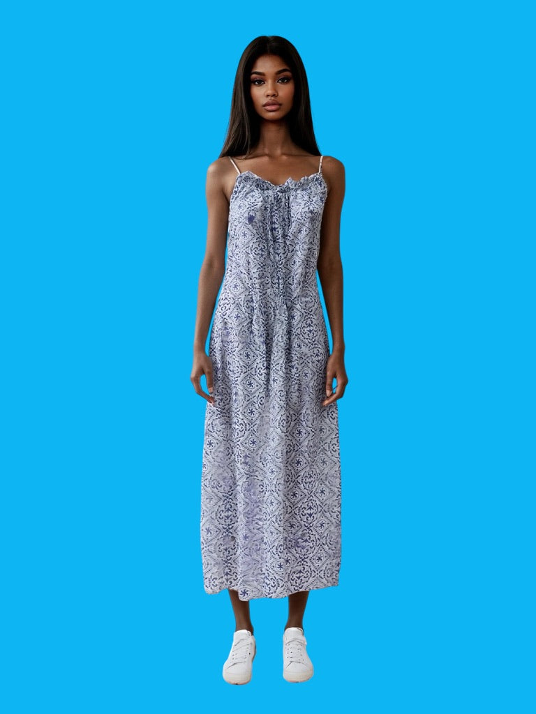 Cotton block print long sleeveless dress