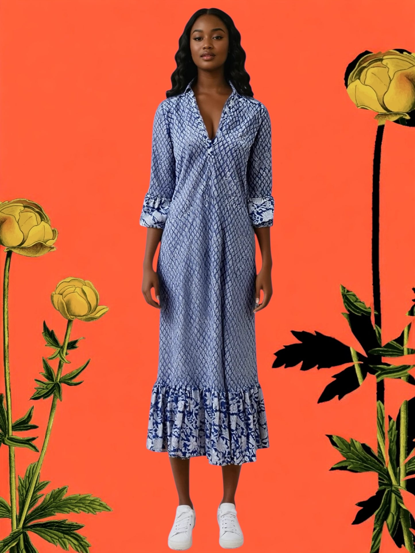Cotton block-print long dress