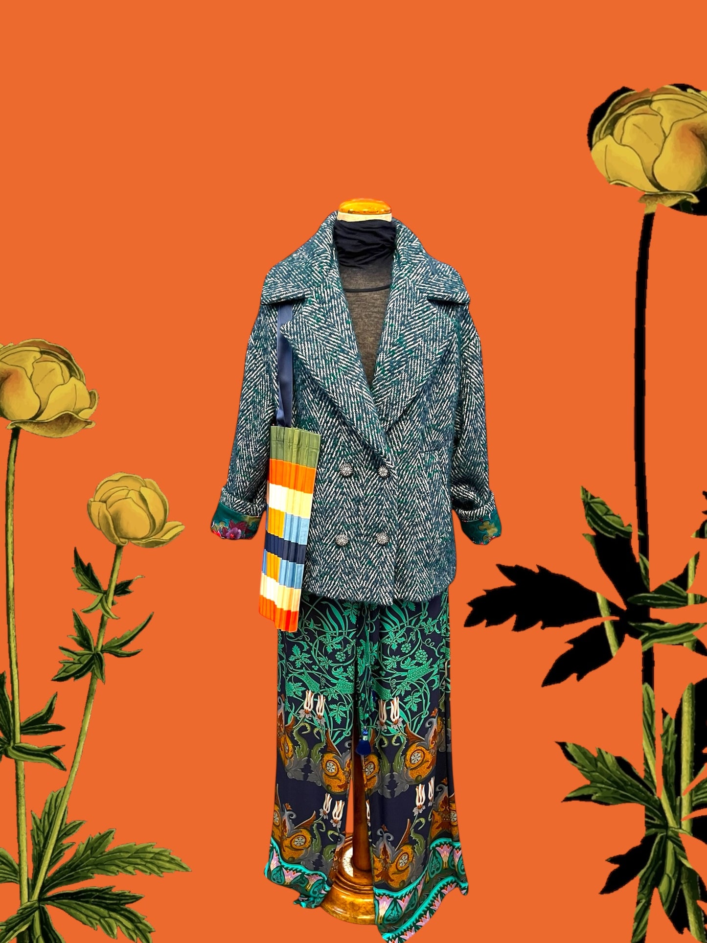 Wool jacket, printed viscose pants, Multitudes fabric bag, fine 100% cashmere top