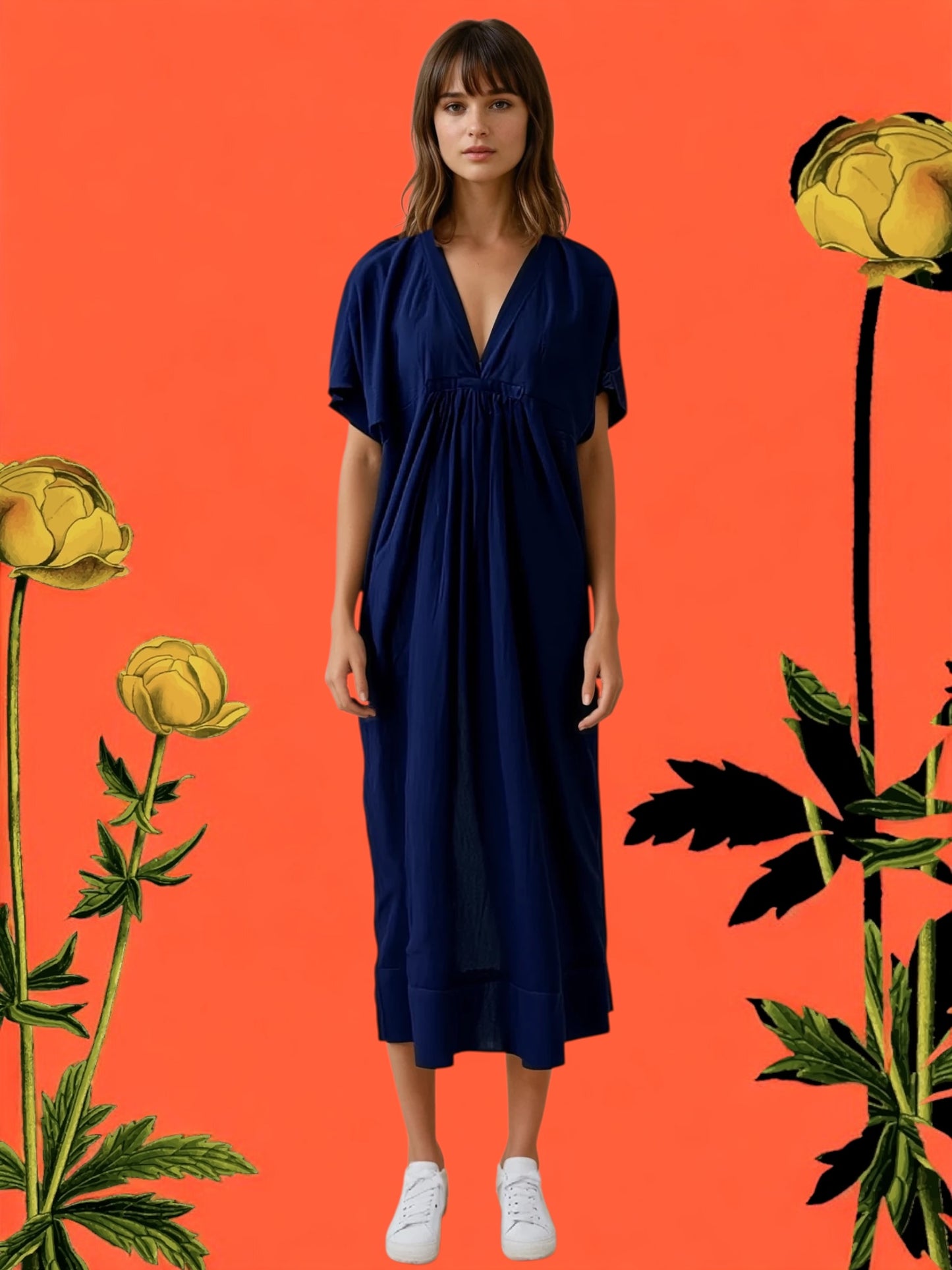 Cotton v-neck, open v-back, long dress