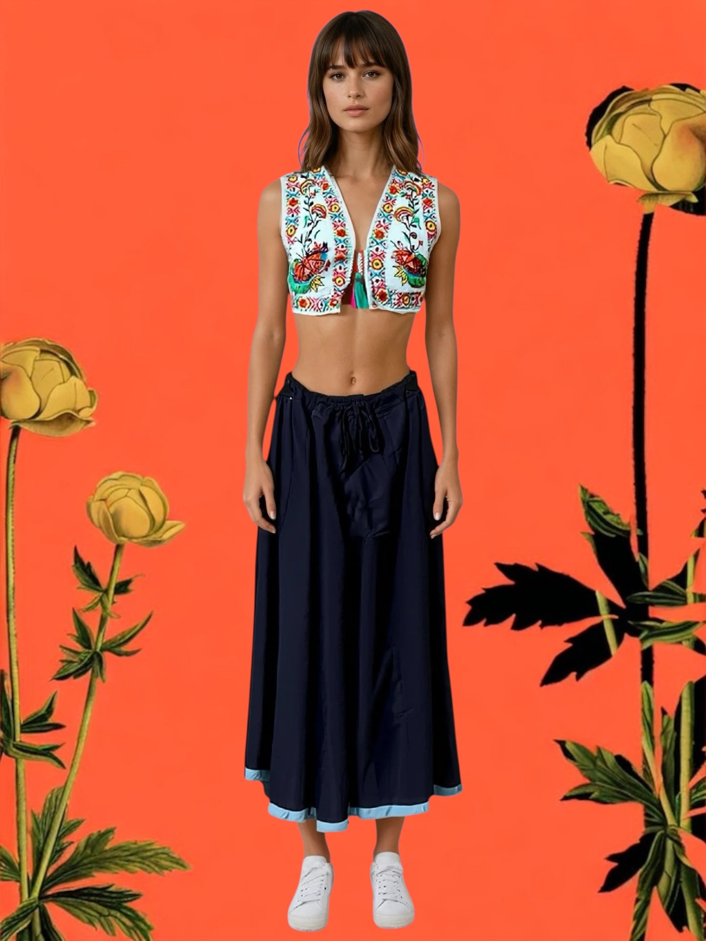 Embroidered cotton top with palazzo cotton pants